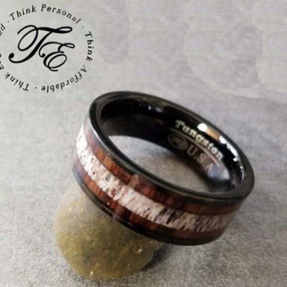 Men's Real Black Tungsten Promise Ring Deer Bone and Whiskey Barrel Wood Inlays - Picture 6 of 9